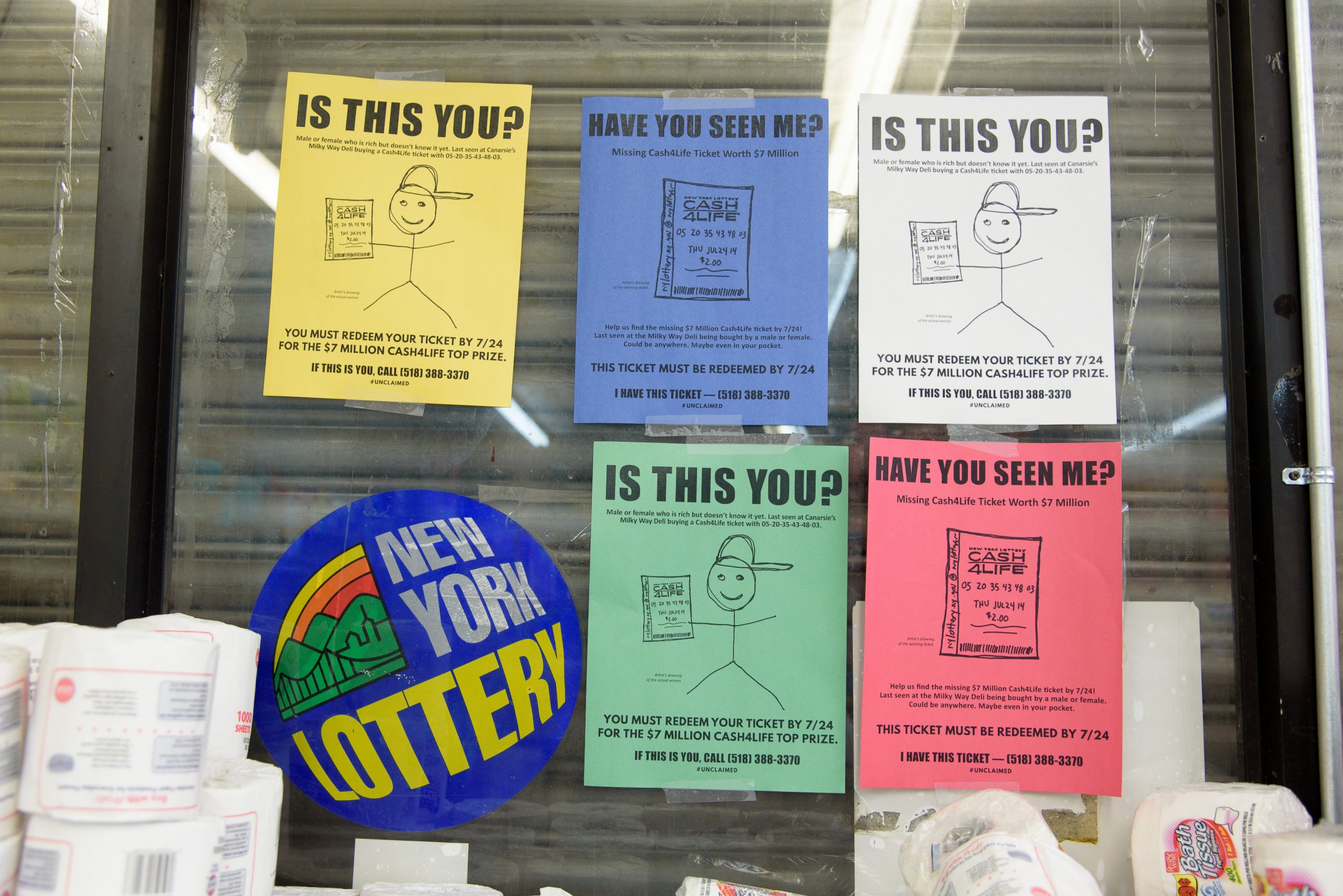 PHOTO: A photo released by the New York Lottery Commission shows signs searching for a Cash4Life winner. 