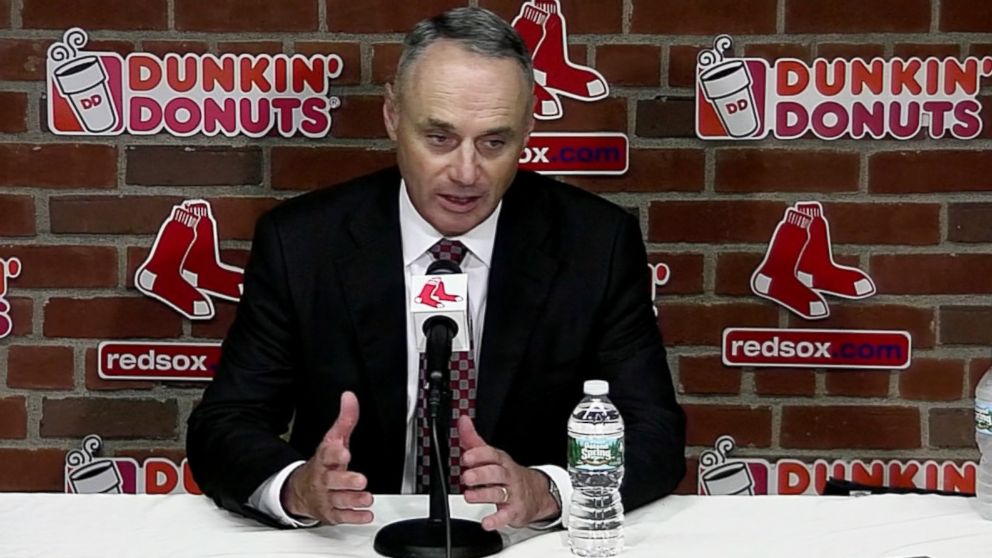 PHOTO: Rob Manfred, MLB commissioner, addresses reporter questions on June 16, 2015.