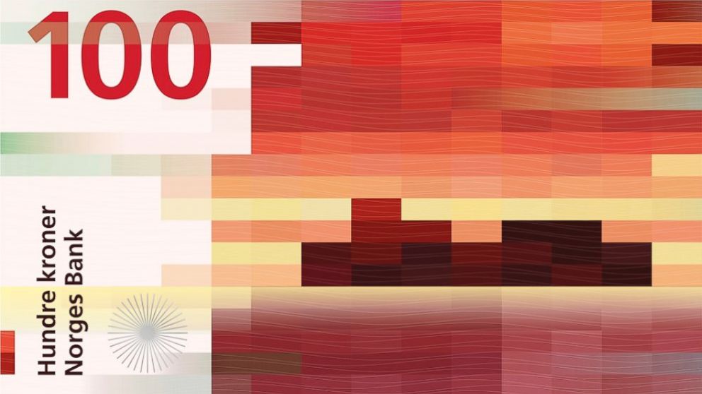 Norges Bank announced the winning motifs in a contest to redesign Norway's banknotes, including a colorfully pixelated reverse submitted by Snohetta Design.