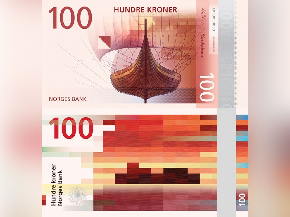 PHOTO: Norges Bank announced the winning motifs in a contest to redesign Norway's banknotes, including a colorfully pixelated reverse by Snohetta Design and nautical themes on the obverse designed by The Metric System.