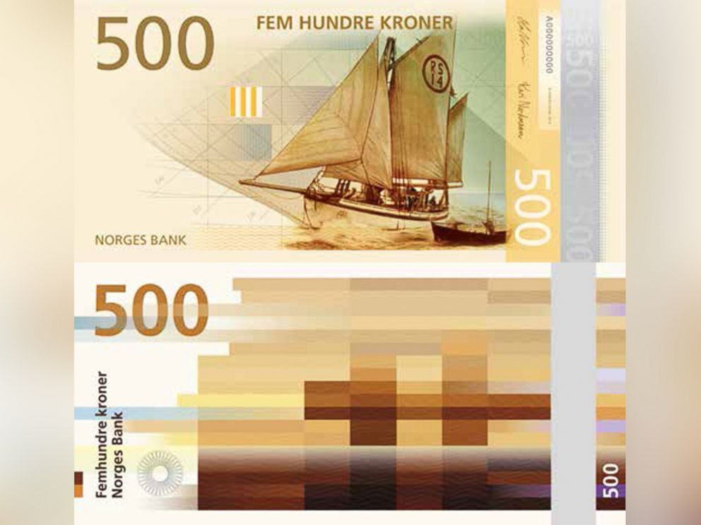 PHOTO: Norges Bank announced the winning motifs in a contest to redesign Norway's banknotes, including a colorfully pixelated reverse by Snohetta Design and nautical themes on the obverse designed by The Metric System.