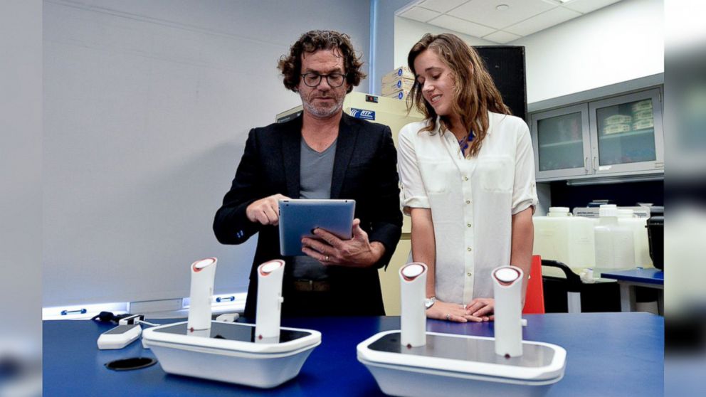 Inventor David Edwards and his partner Rachel Field demonstrate a system for electronically tagging and transmitting scents through the internet called the oPhone on June 17, 2014.