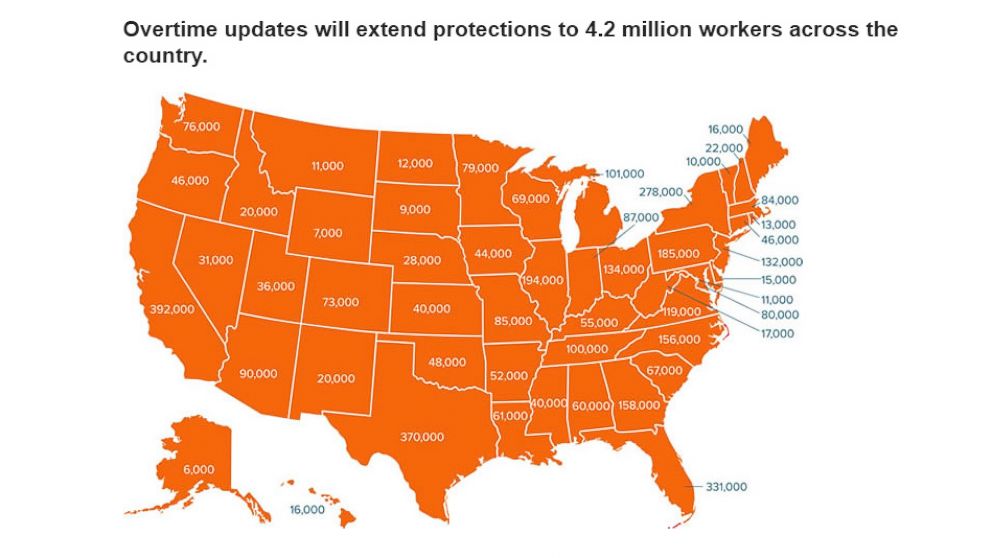 PHOTO: A map released by the U.S. Department of Labor shows the number of workers in each state that will benefit from new overtime rules.