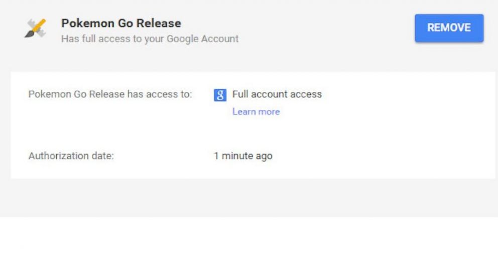 PHOTO: Pokemon Go takes full access when used with a Google account. 