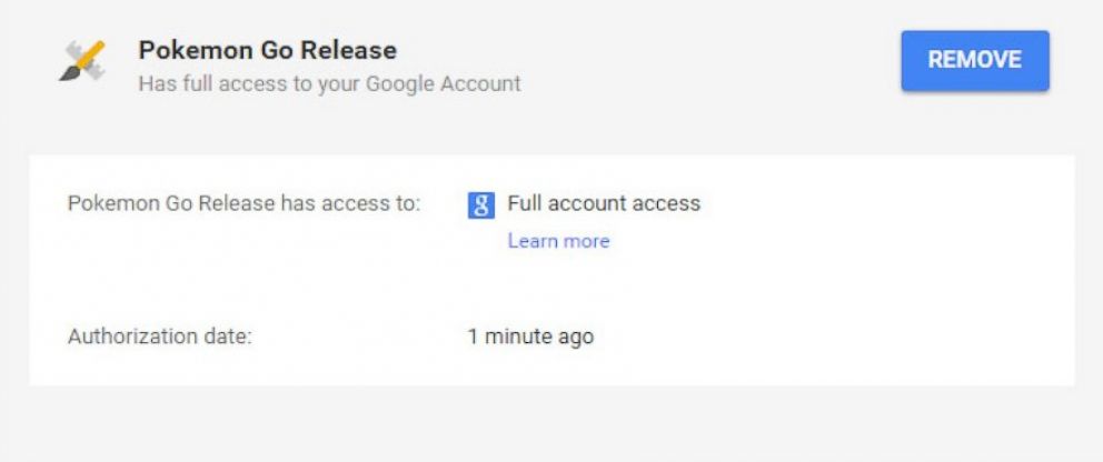 PHOTO: Pokemon Go takes full access when used with a Google account. 