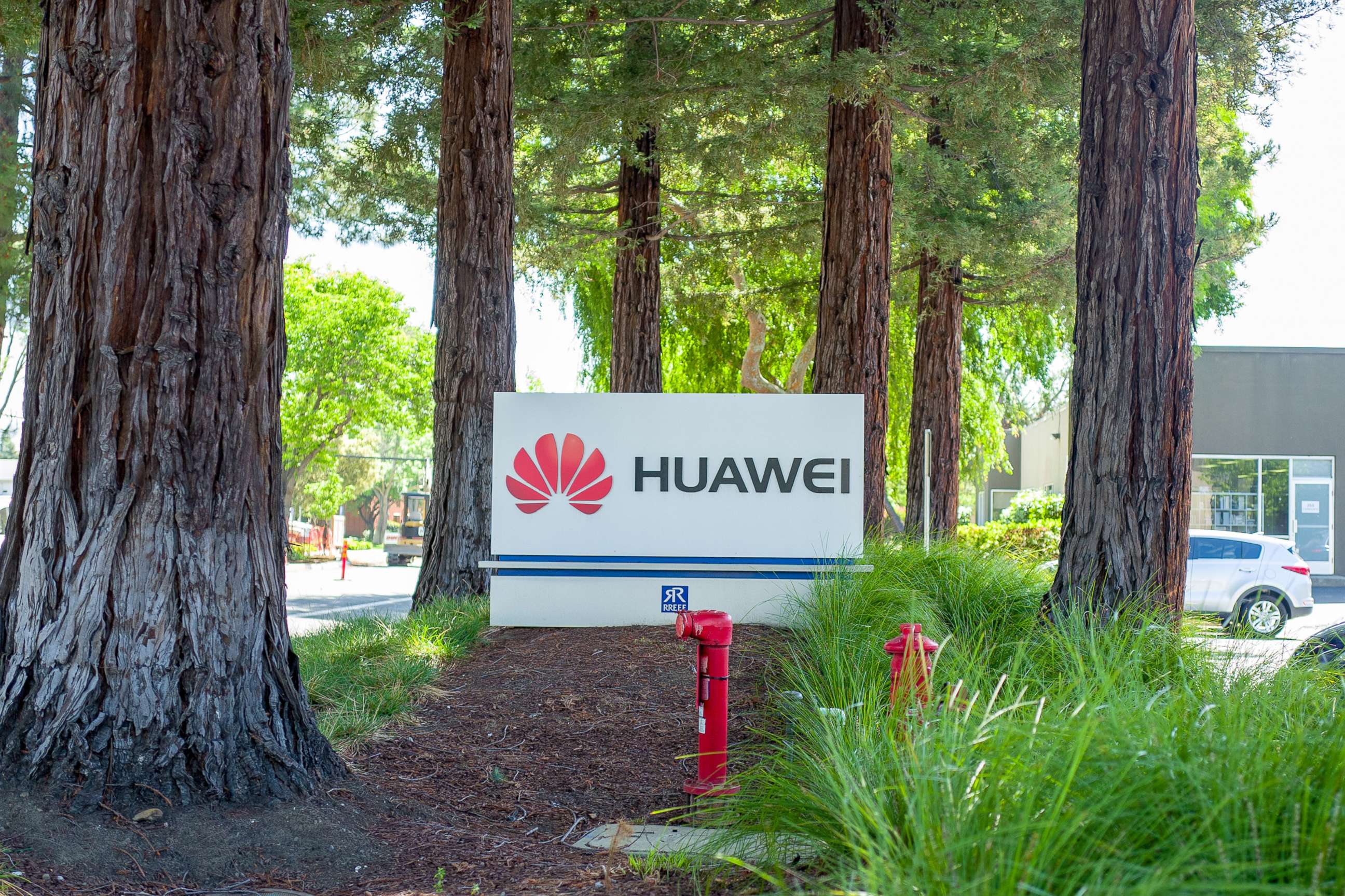 PHOTO: In this May 3, 2019, file photo, a sign is shown at the entrance to the offices of Chinese networking equipment company Huawei in Mountain View, Calif.