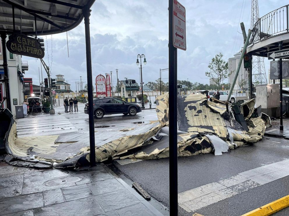 PHOTO: The roof of a building next to Jax Brewery lies on the ground after it was blown off due to strong winds from Hurricane Ida in New Orleans, Aug. 30, 2021.