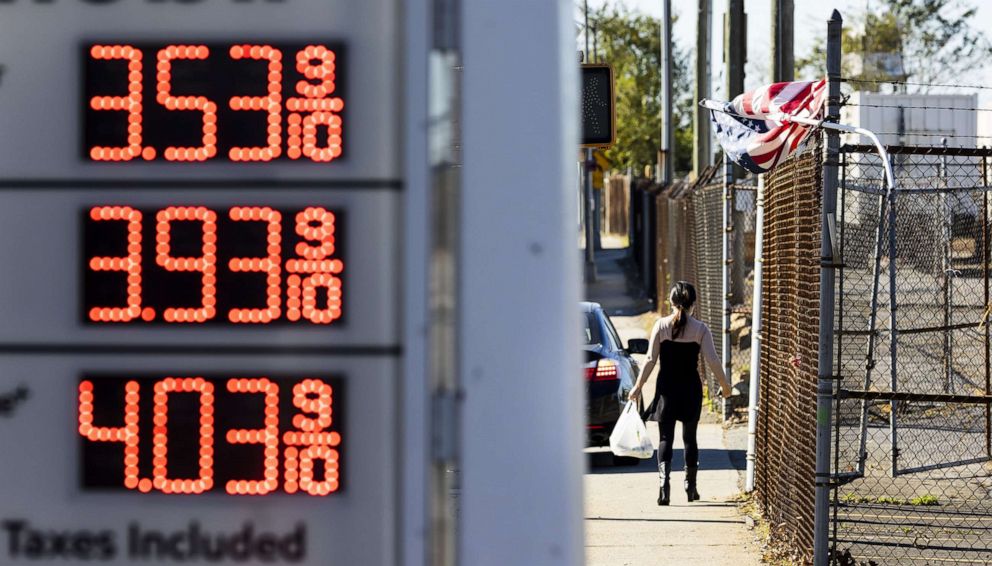PHOTO: A sign displays the price of a gallon of gasoline at a gas station in the Staten Island borough of New York, Nov. 10, 2021.
