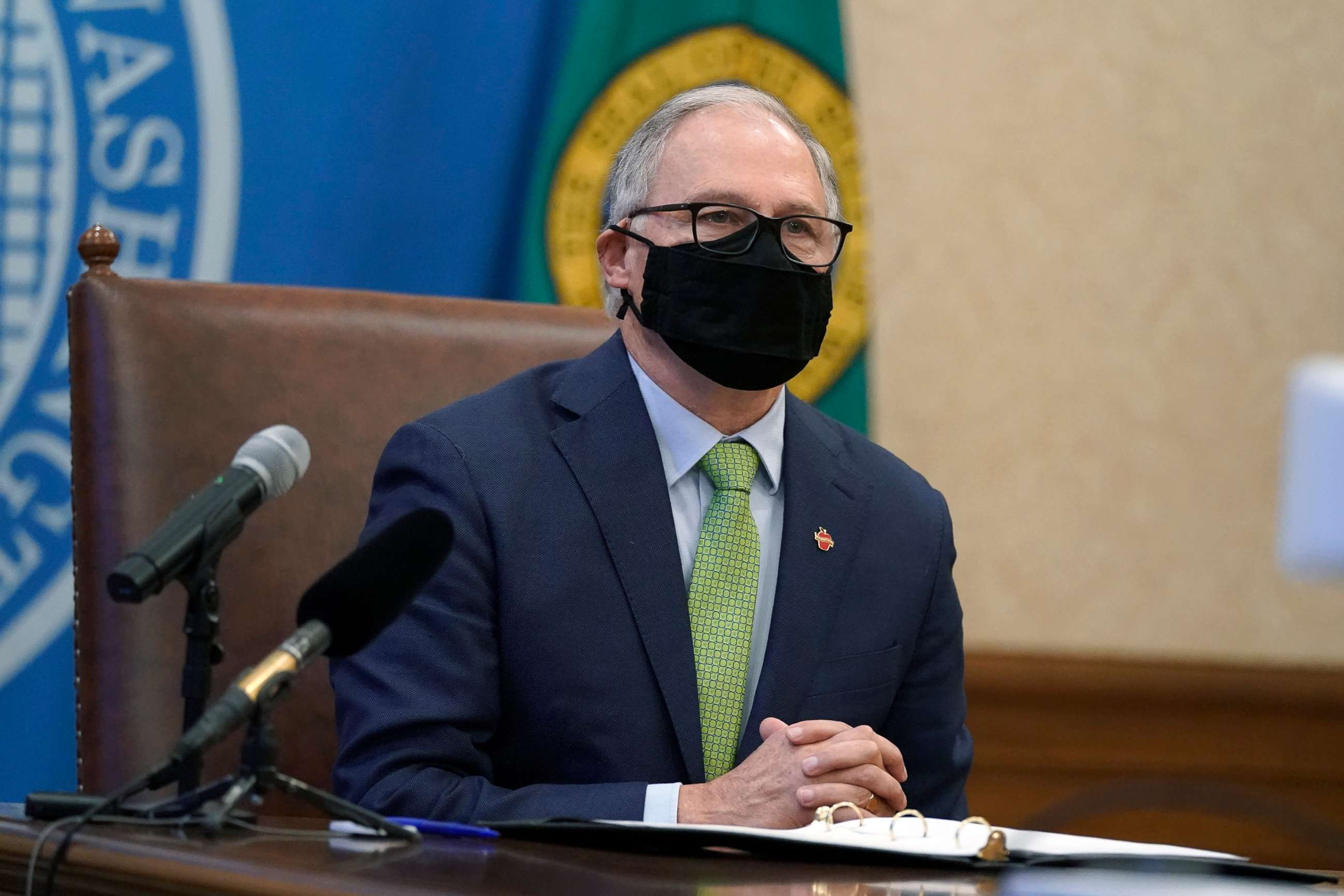 PHOTO: Washington Gov. Jay Inslee listens to a question during a news conference  Jan. 18, 2021, at the Capitol in Olympia, Wash.