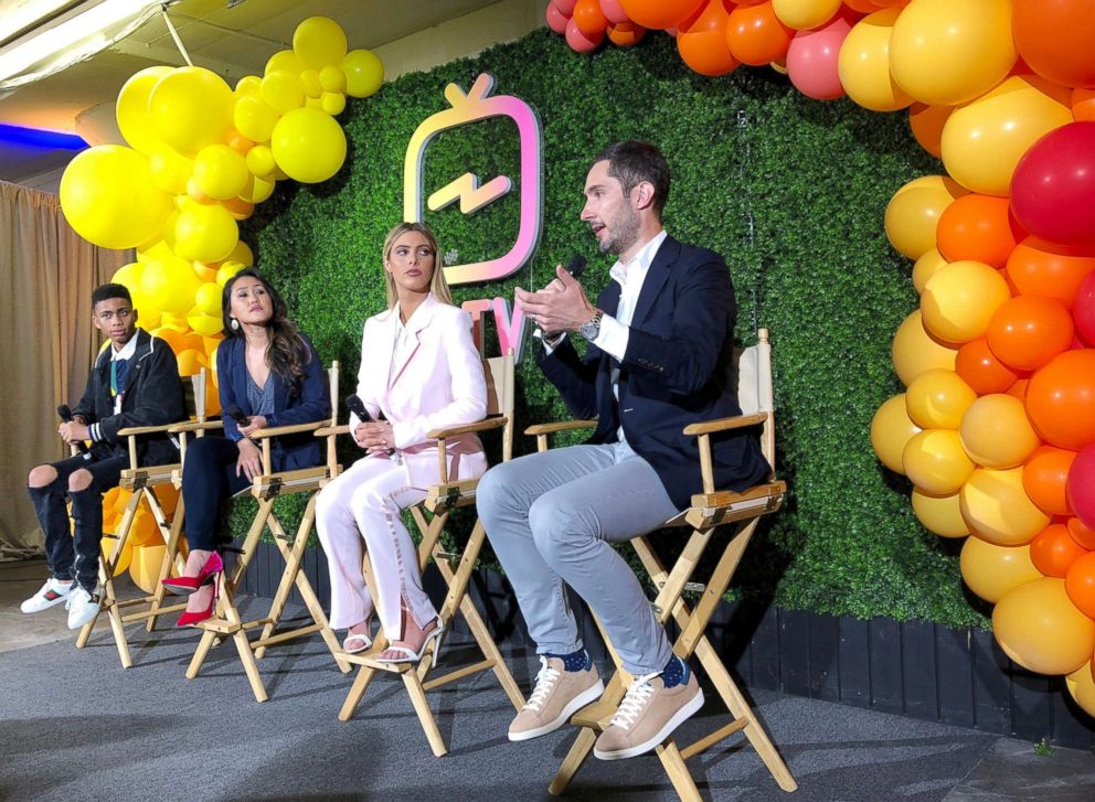 PHOTO: Instagram Chief Executive Kevin Systrom answers a question at a news conference, as left to right, social media star Bryce Xavier, Instagram Product Manager Ashley Yuki and social media star Lele Pons look on, in San Francisco, June 20, 2018.   