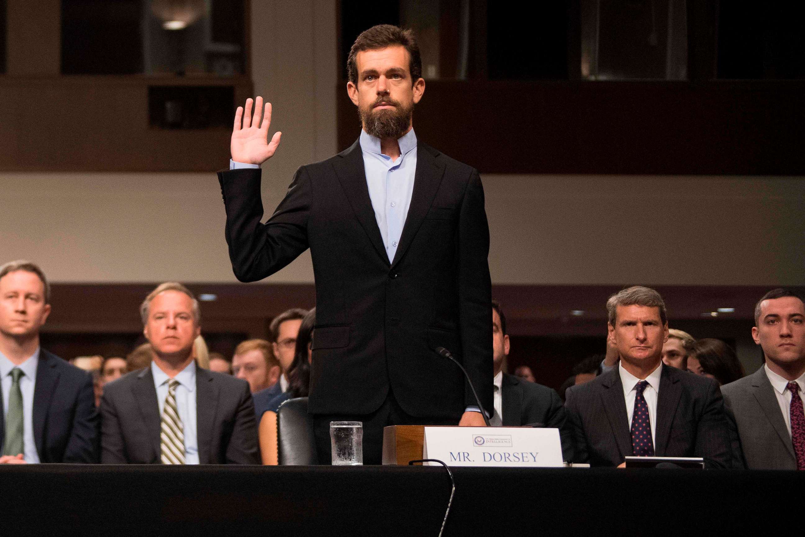 PHOTO: CEO of Twitter Jack Dorsey is sworn in to testify before the Senate Intelligence Committee on Capitol Hill in Washington, Sept. 5, 2018.
