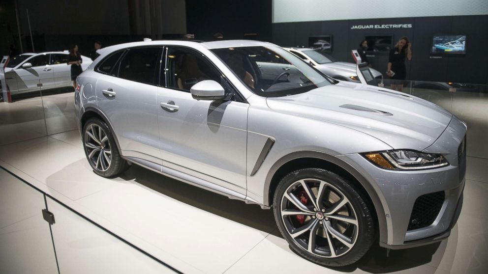 PHOTO: The Jaguar Land Rover Automotive Plc F-Pace SVR crossover vehicle is displayed during the 2018 New York International Auto Show in New York, March 29, 2018.