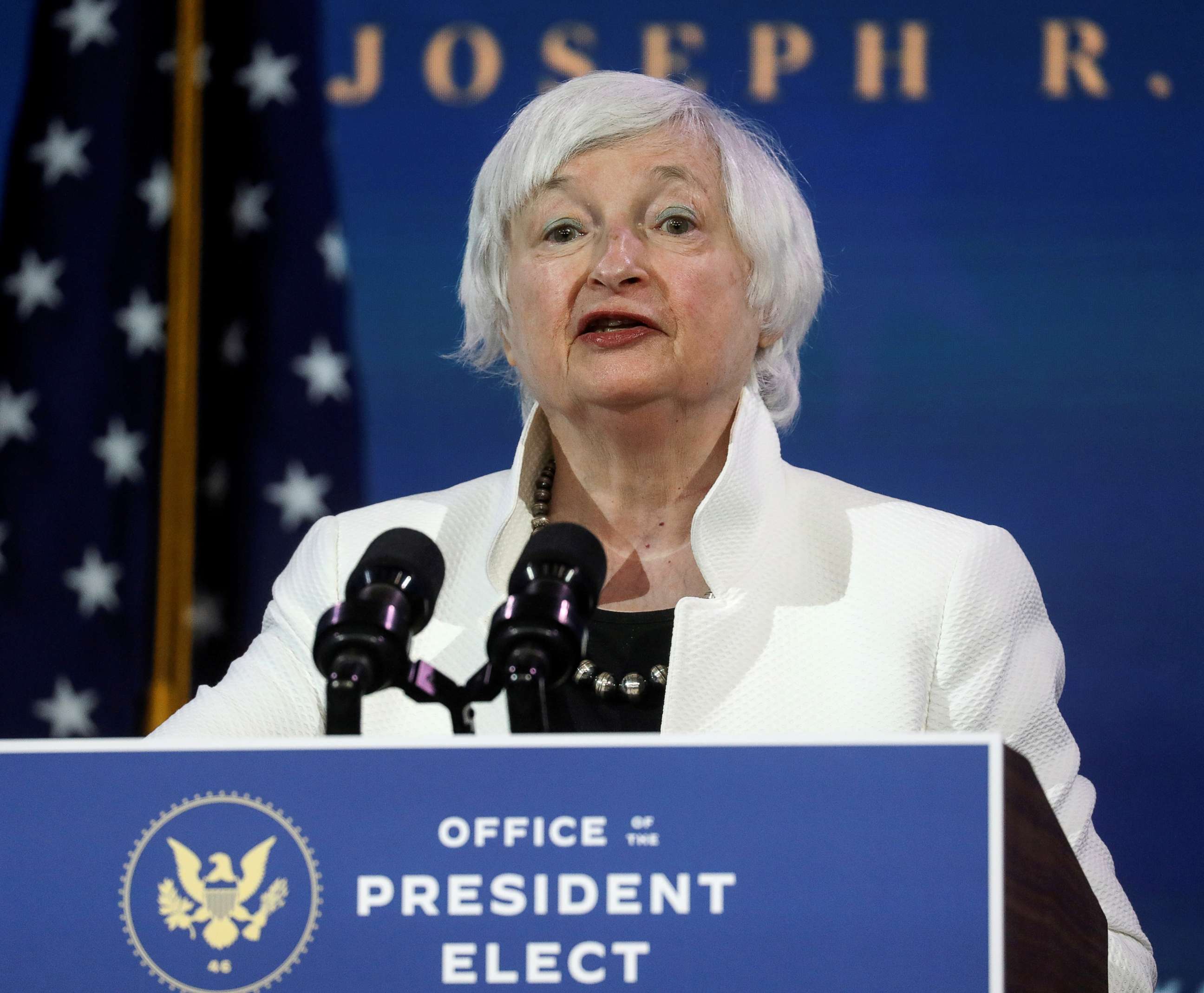 PHOTO: Janet Yellen speaks as Biden announces nominees and appointees to serve on his economic policy team at his transition headquarters in Wilmington, Delaware, Dec. 1, 2020.