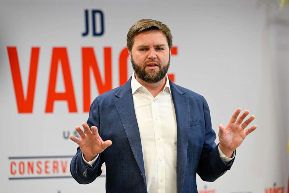 PHOTO: Republican U.S. Senate candidate JD Vance speaks with supporters in his hometown at the Butler County GOP headquarters on October 19, 2022 in Middletown, Ohio.