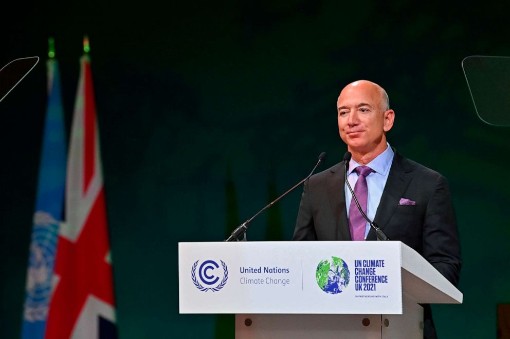 PHOTO: CEO of Amazon Jeff Bezos delivers his message during a session on Action on Forests and Land Use, during the UN Climate Change Conference COP26 in Glasgow, Scotland, Nov. 2, 2021.