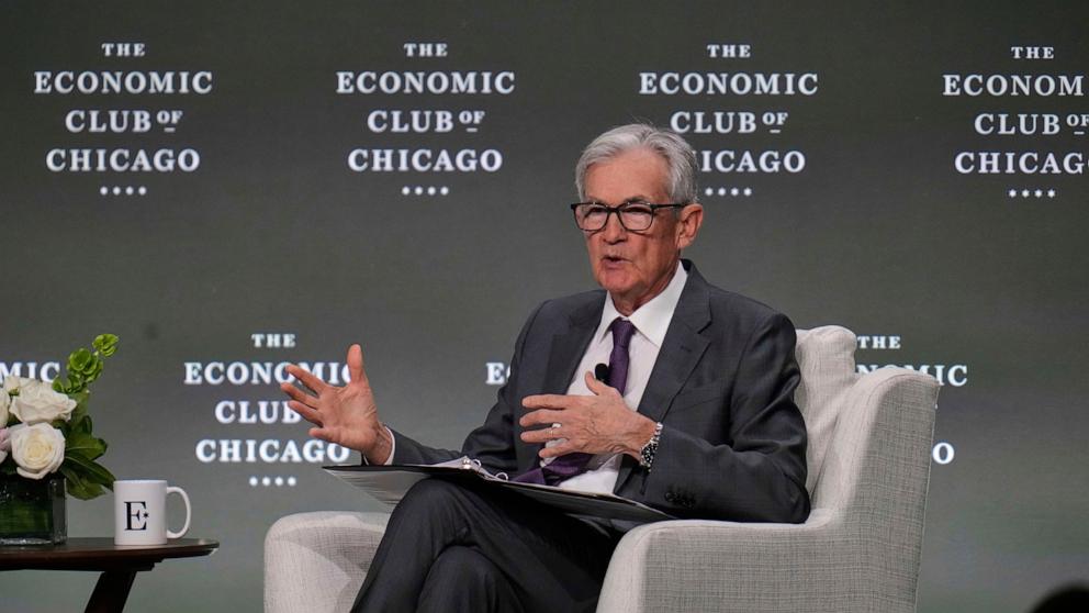 PHOTO: Federal Reserve Chair Jerome Powell speaks at the Economic Club of Chicago, April 16, 2025, in Chicago, Illinois.