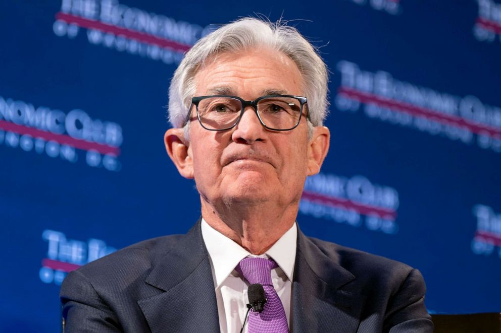 PHOTO: Federal Reserve Chair Jerome Powell speaks at the Economic Club of Washington, Feb. 7, 2023, at the Renaissance Hotel in Washington.