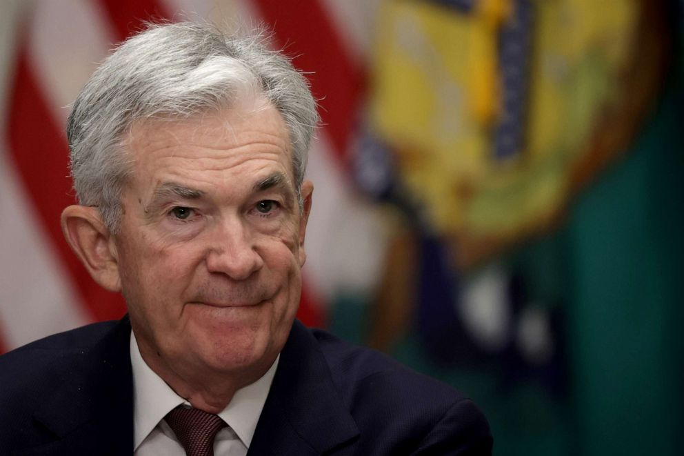 PHOTO: Federal Reserve Board Chairman Jerome Powell listens during an open session of a Financial Stability Oversight Council meeting at the Department of the Treasury, April 21, 2023, in Washington, DC.