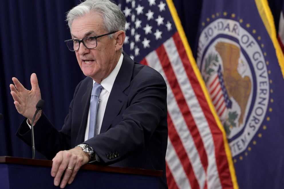 PHOTO: Federal Reserve Board Chairman Jerome Powell holds a news conference following a Federal Open Market Committee meeting at the Federal Reserve on March 22, 2023 in Washington, DC.