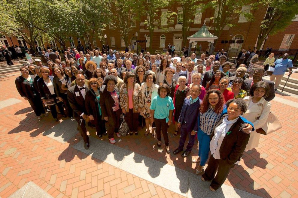 PHOTO: Members of the Descendant community gathered at the dedication of Isaac Hawkins Hall at Georgetown University, named in honor of one of the ancestors sold in the 1838 sale.