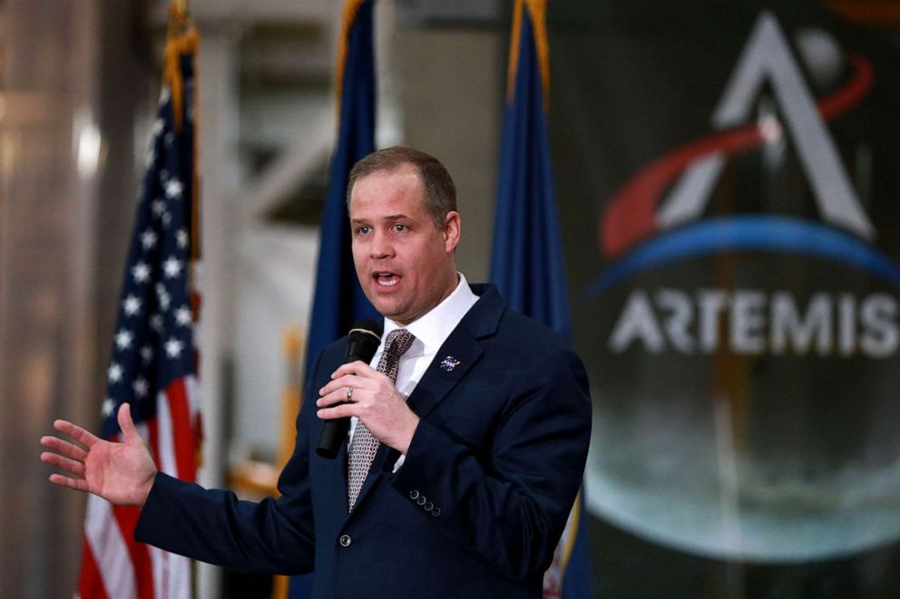 PHOTO: NASA Administrator Jim Bridenstine speaks to the media at the NASA Michoud Assembly Facility on Dec. 09, 2019, in New Orleans.