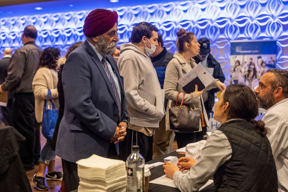 PHOTO: Job seekers and employers meet during a Job Fair at the Hotel Indigo in Riverhead, New York, on April 7, 2022.