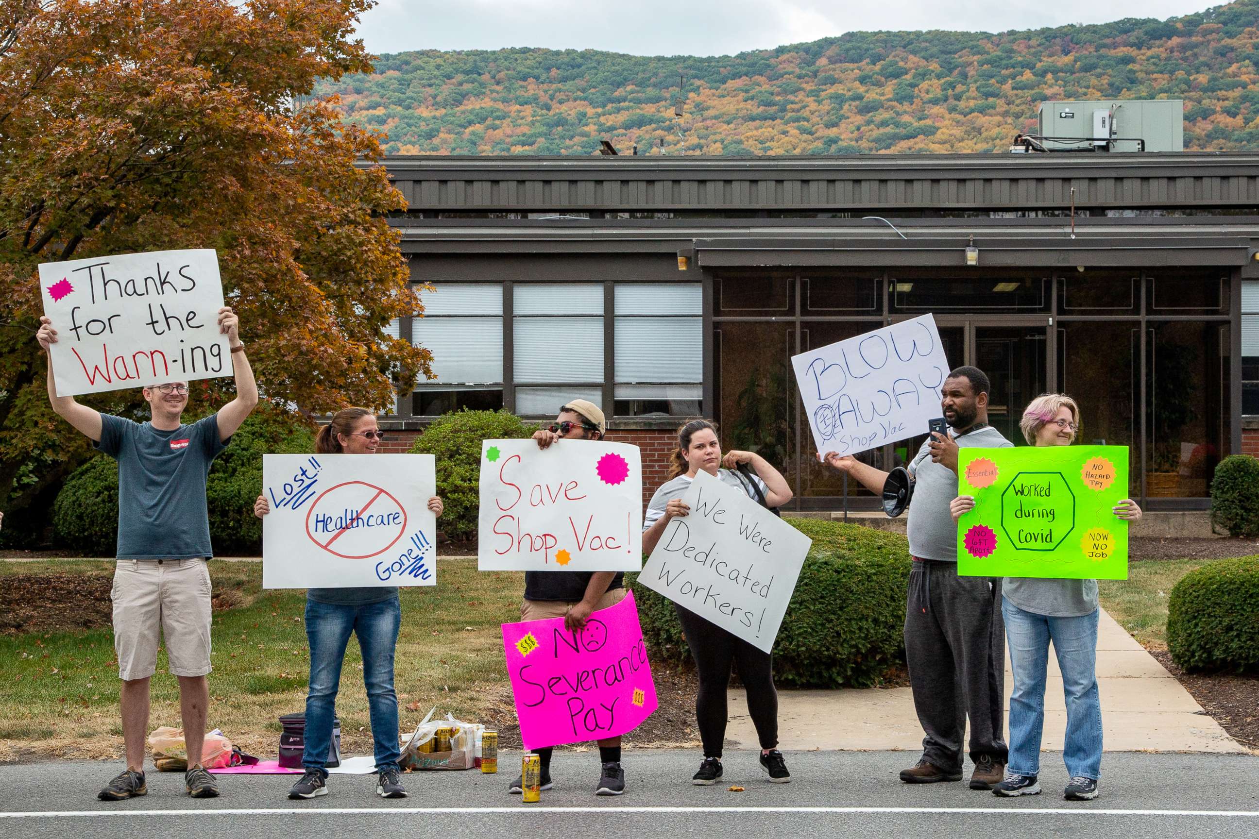 PHOTO: Terminated employees protest in front of the Shop-Vac company's headquarters in Williamsport, Penn., Sept. 28. 2020.