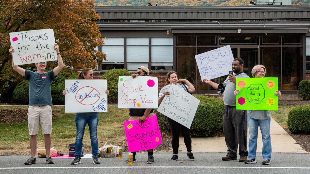 PHOTO: Terminated employees protest in front of the Shop-Vac company's headquarters in Williamsport, Penn., Sept. 28. 2020.