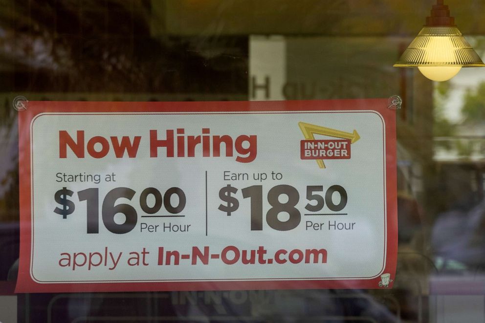 PHOTO: An In-N-Out Burger advertises for workers at their restaurant location in Encinitas, Calif., May 10, 2021.