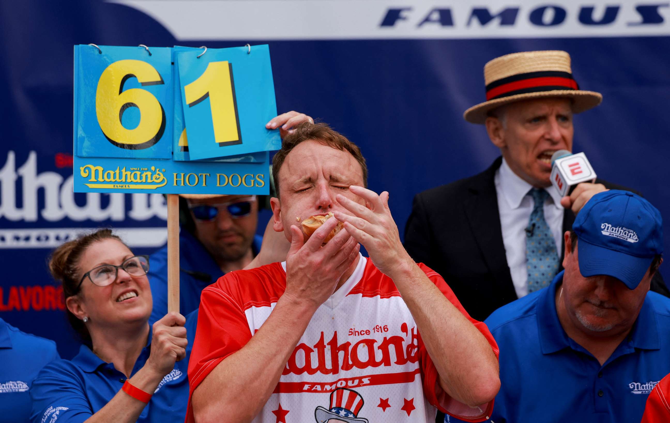 PHOTO: World Champion Joey Chestnut competes in the 2023 Nathan's Famous Fourth of July International Hot Dog Eating Contest at Coney Island in New York City, July 4, 2023.