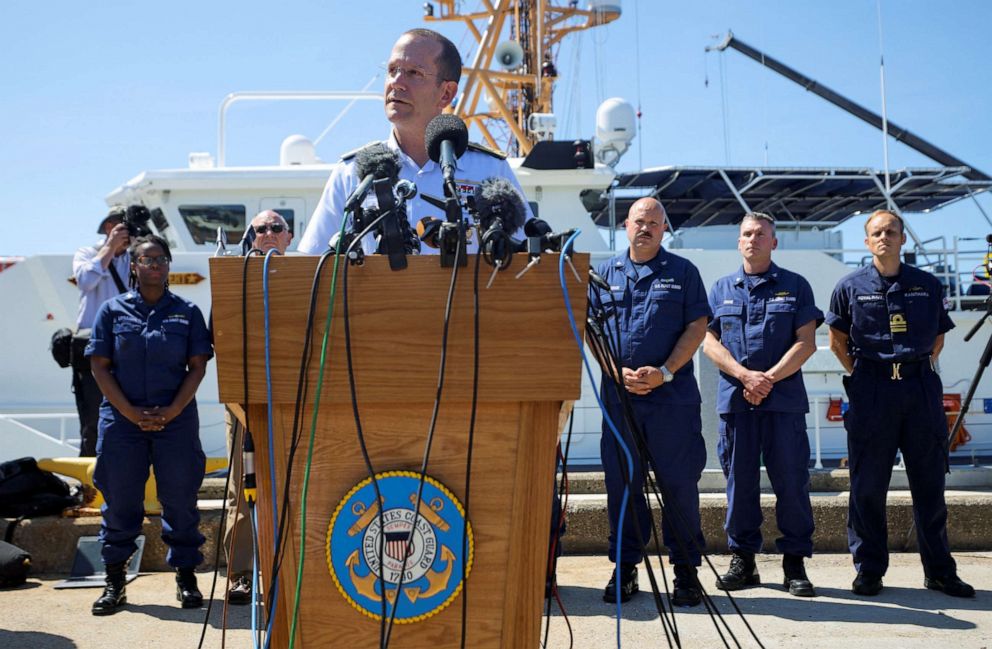 PHOTO: Rear Admiral John Mauger, the First Coast Guard District commander, speaks during a press conference updating about the search of the missing OceanGate Expeditions submersible, in Boston, June 22, 2023.