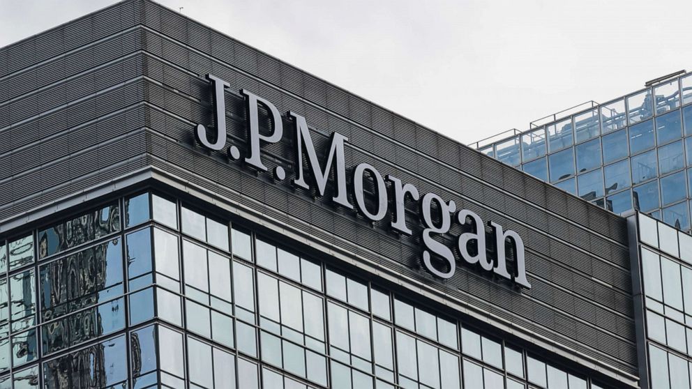 PHOTO: A J.P. Morgan logo is displayed atop at the Chater House on July 16, 2018 in Hong Kong.