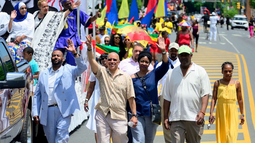 PHOTO: Elected officials, community leaders, youth and drum and marching bands take part in the second annual Juneteenth Parade, in Philadelphia, on June 22, 2019.