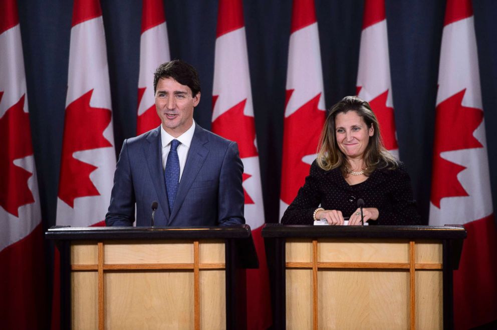 PHOTO: Canadian Prime Minister Justin Trudeau, left, and Minister of Foreign Affairs Chrystia Freeland hold a news conference regarding the United States Mexico Canada Agreement (USMCA) at the National Press Theatre, in Ottawa, Ontario, Oct. 1, 2018.