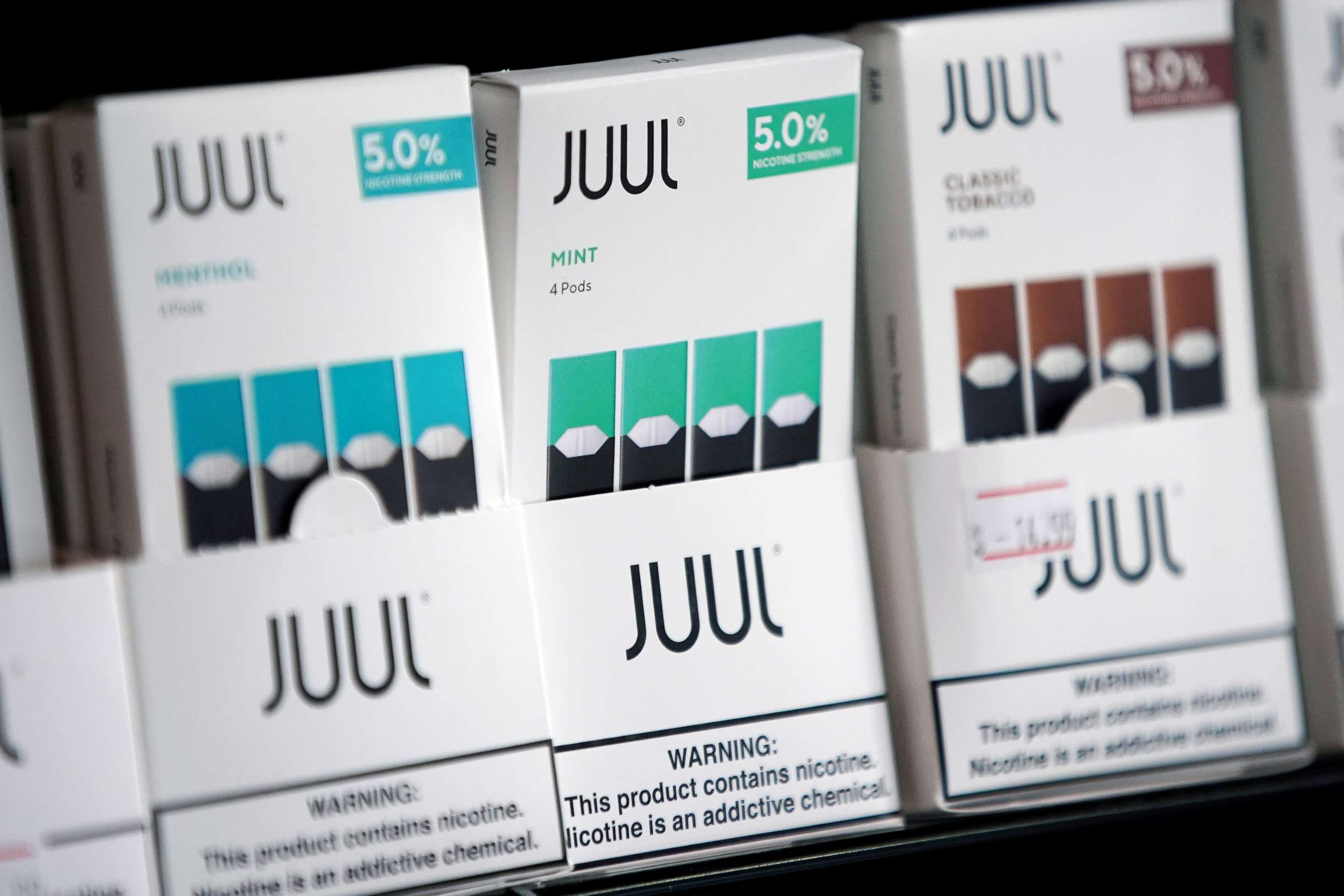 PHOTO: In this Sept. 26, 2019 file photo a Juul brand vape cartridges are pictured for sale at a shop in Atlanta.
