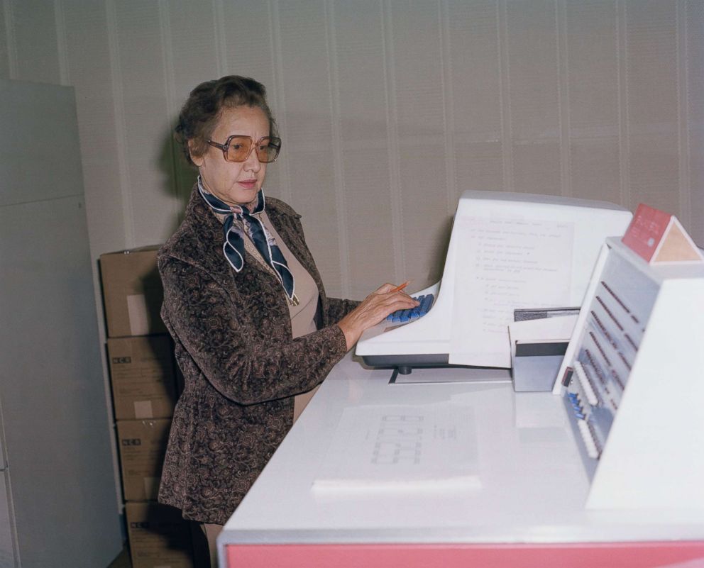 PHOTO: NASA space scientist and mathematician Katherine Johnson poses for a portrait at work at the NASA Langley Research Center in Hampton, Virginia.
