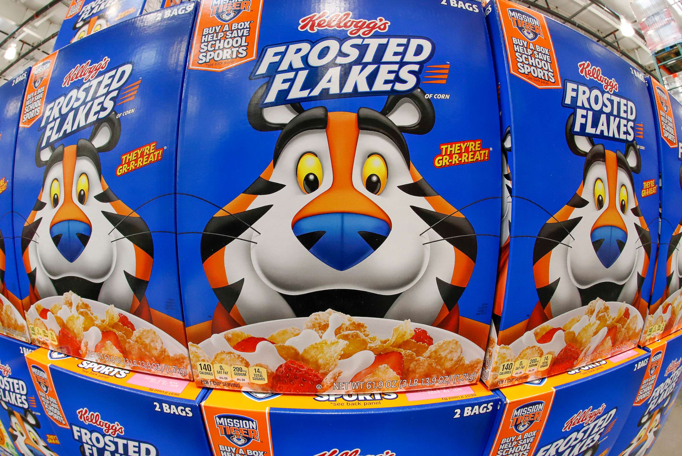 PHOTO: A store display of Kellogg's Frosted Flakes cereal in Homestead, Pa., May 14, 2020.