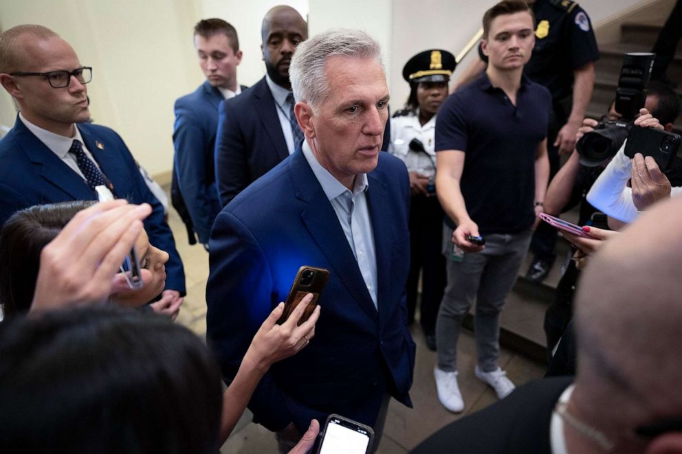 PHOTO: Speaker of the House Rep. Kevin McCarthy speaks to members of the media after arriving at the U.S. Capitol, on May 26, 2023, in Washington, D.C.
