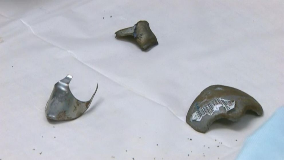 PHOTO: Parts from a faulty airbag that officials say was involved in the death of Huma Hanif are shown during a press conference in Fort Bend County, Texas, April 7, 2016.