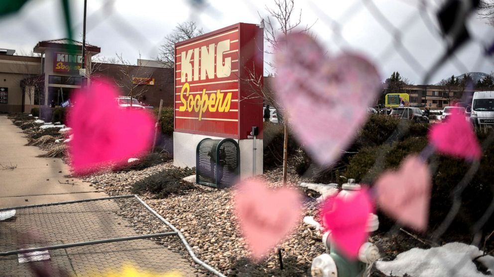 PHOTO: A makeshift memorial is set up for the victims of the shooting at a King Soopers grocery store on March 25, 2021 in Boulder, Colo.