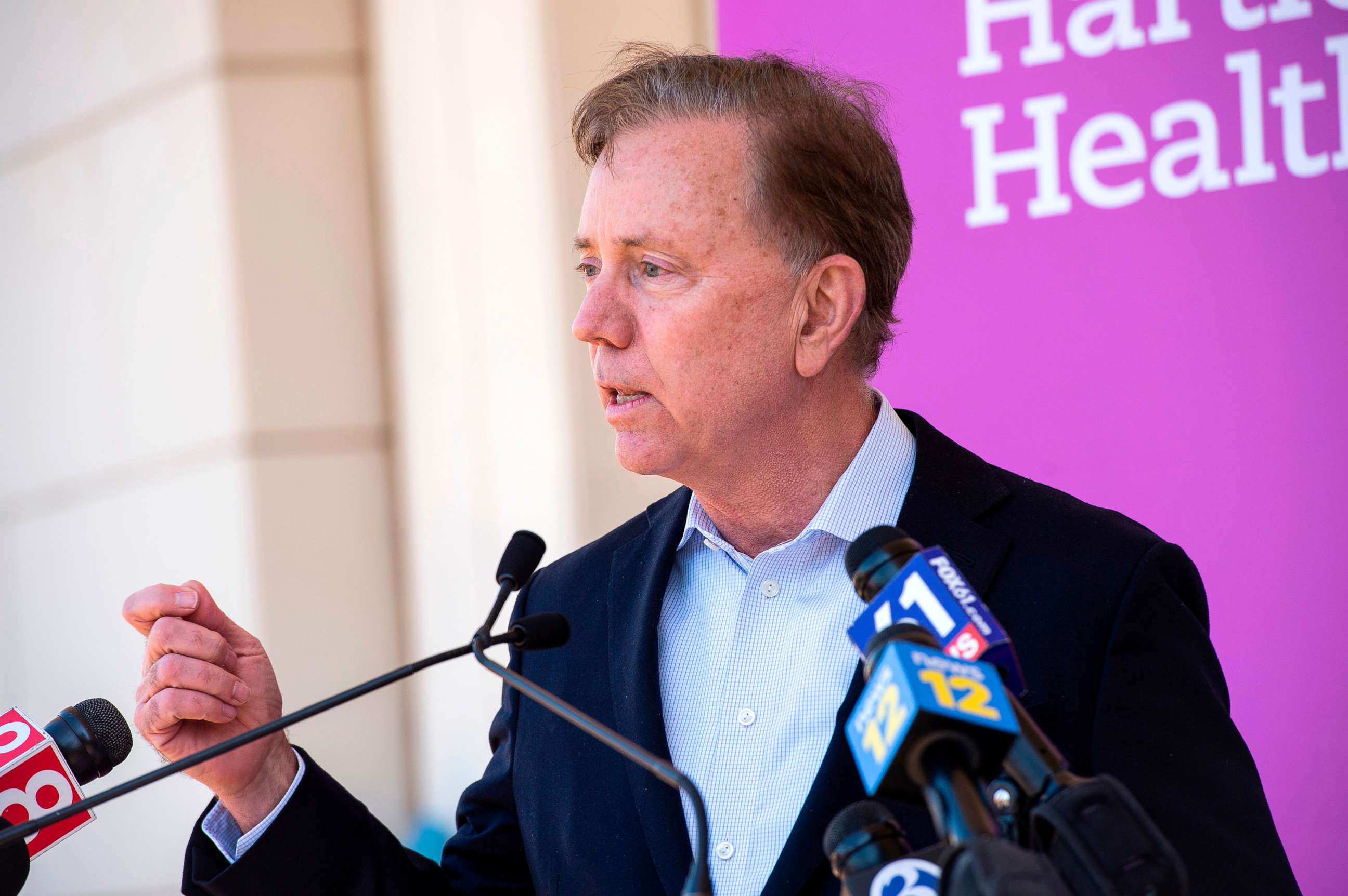 PHOTO: Gov. Ned Lamont Jr. speaks about Connecticut's efforts to get more people vaccinated at Hartford HealthCare St. Vincent's Medical Center in Bridgeport, Conn. on Feb. 26, 2021.