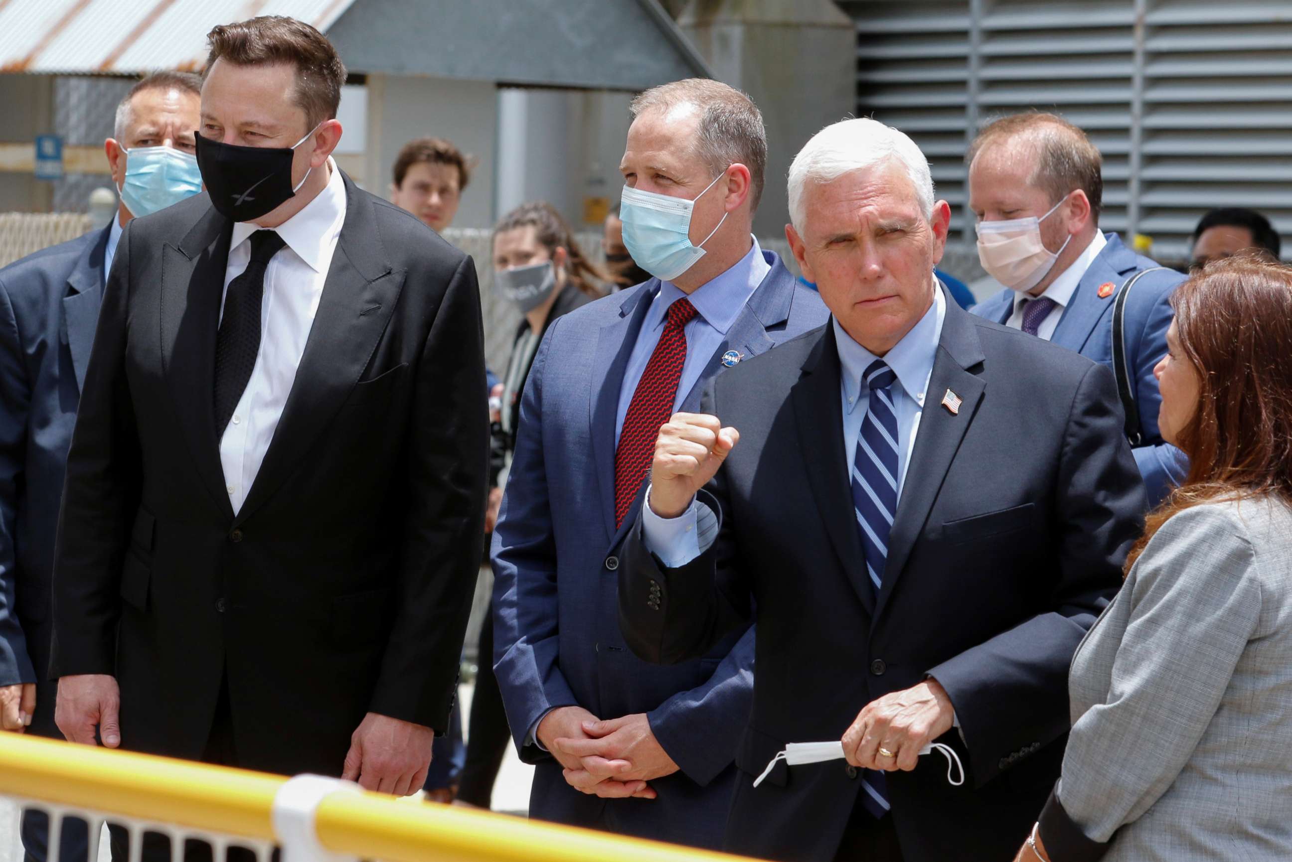 PHOTO: U.S. Vice President Mike Pence, SpaceX founder Elon Musk and NASA Administrator Jim Bridenstine are seen before the launch of a SpaceX Falcon 9 rocket and Crew Dragon spacecraft at the Kennedy Space Center, in Cape Canaveral, Fla., May 27, 2020.