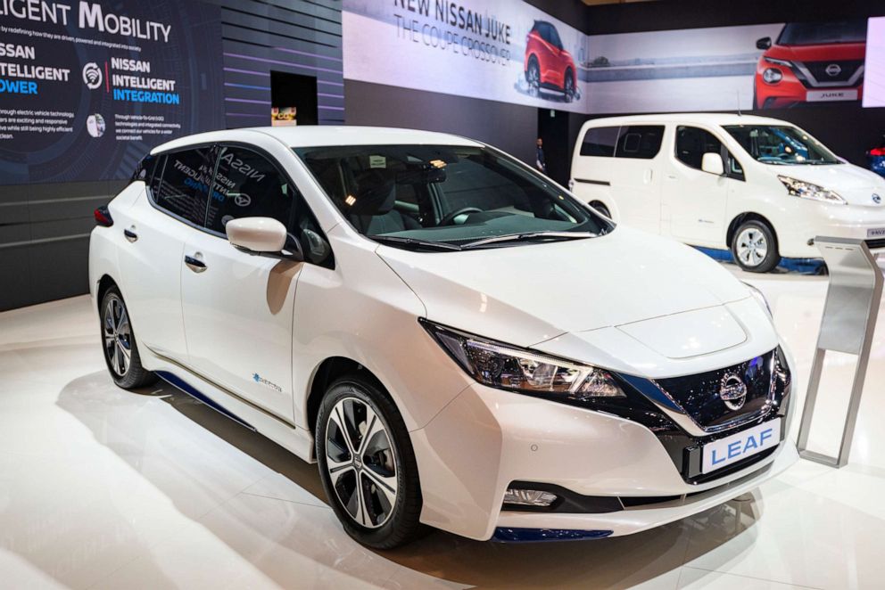 PHOTO: Nissan Leaf compact five-door hatchback battery electric vehicle on display at Brussels Expo on January 9, 2020 in Brussels, Belgium.