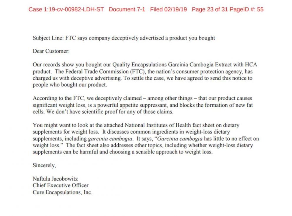 PHOTO: Letter to consumers who purchased Garcinia Cambogia through Amazon.