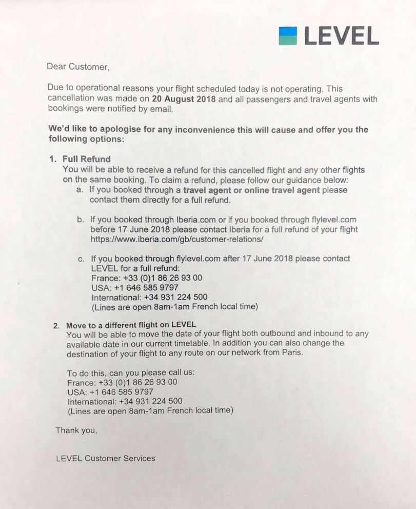 PHOTO: A letter distributed at Newark Airport for Level Airlines customers to notify them that their flights were cancelled. The airline moved its inaugural Newark to Paris service launch date from Sept. 4 to Sept. 18, 2018.