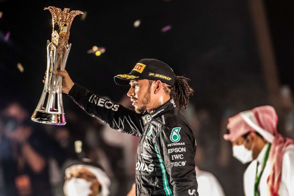 PHOTO: Lewis Hamilton poses for a photo after winning the Saudi Arabia Grand Prix on Dec. 5, 2021, in Jeddah, Saudi Arabia.