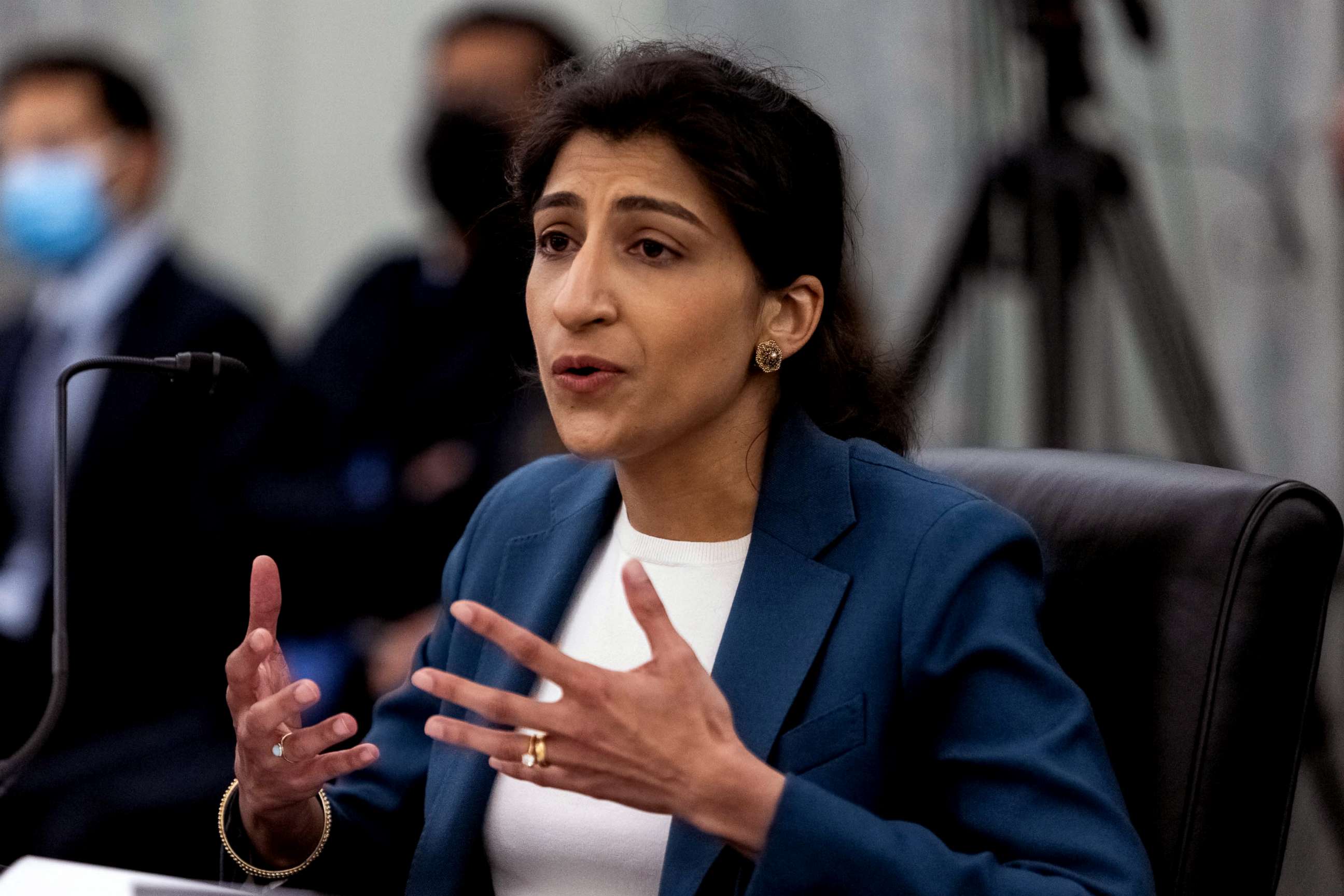 PHOTO: FTC Commissioner nominee Lina M. Khan testifies during a Senate Commerce, Science, and Transportation Committee nomination hearing on April 21, 2021 in Washington, D.C.