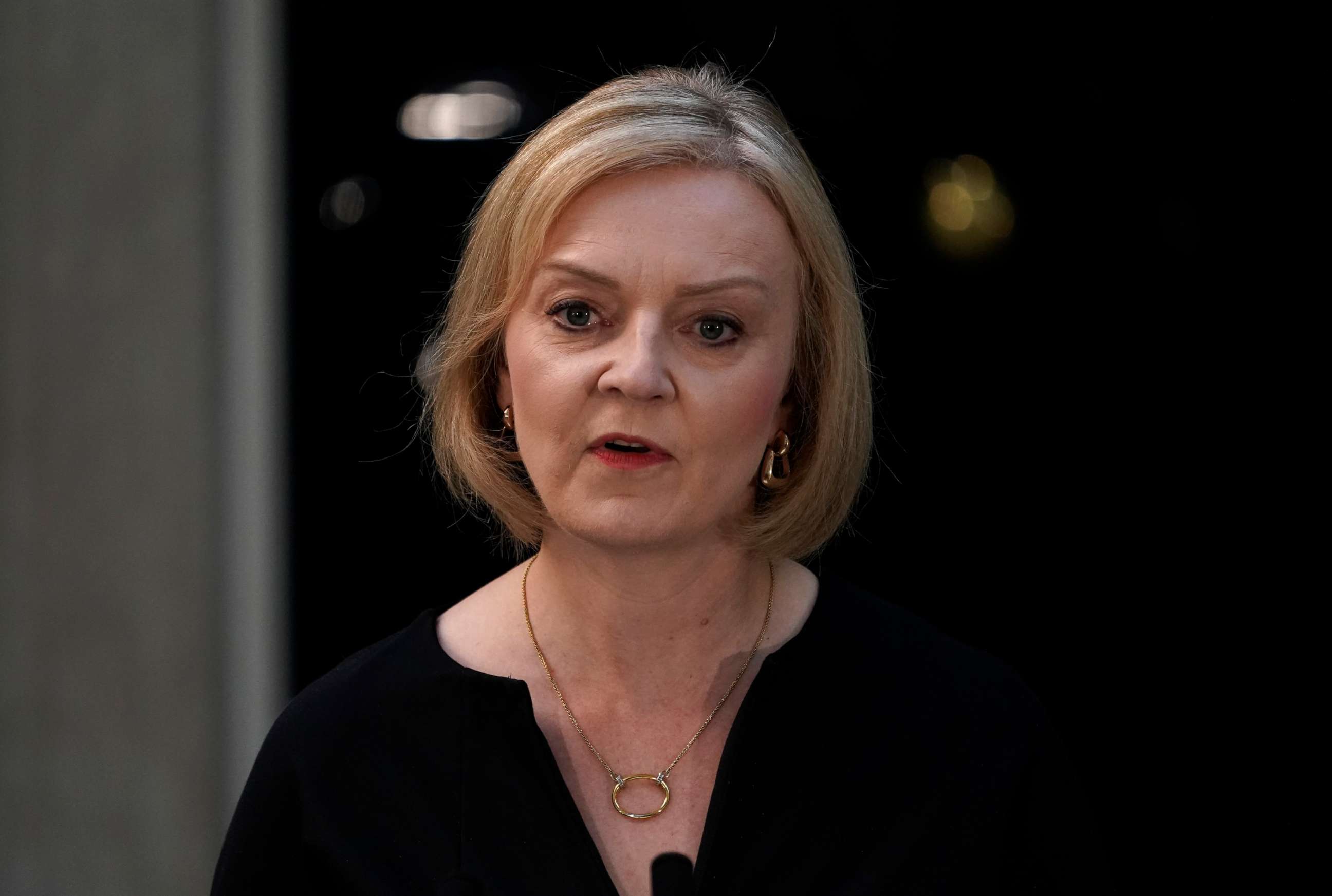 PHOTO: British Prime Minister Liz Truss delivers a statement regarding the death of Queen Elizabeth II outside Downing Street in London, Sept. 8, 2022.