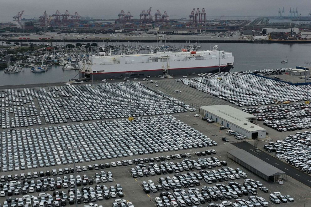 PHOTO: In this April 29, 2020, file photo, new cars are seen lined up next to the dock as the global outbreak of the coronavirus disease (COVID-19) continues, at the Port of Los Angeles.