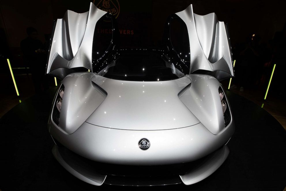 PHOTO: The Lotus Evija electric hypercar sits on display following its unveiling at the Royal Horticultural Halls in London, July 16, 2019.